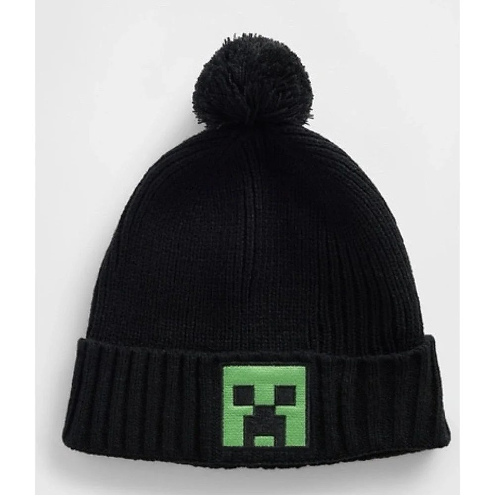 Lrg/XLrg Minecraft Black Kids Beanie  Soft Knit  Minecraft Green Graphic Symbol